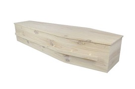 white archetype casket with wooden long bar handles